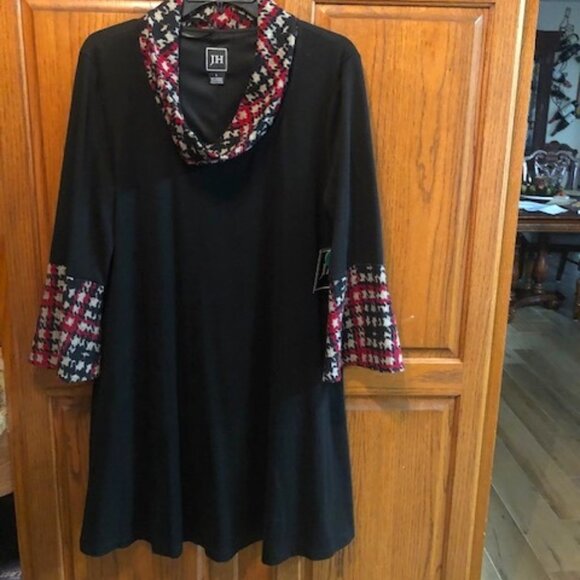 JH Brand Black Dress w/Houndstooth Cowl neck collar and sleeves Size L NWT - Picture 1 of 4